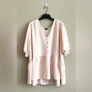 Love, Maven Curvy Pink Swiss Dot Peplum Ruffle Sleeve Top